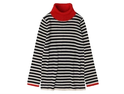 Rullekravebluse i ecru og mørkeblå striber fra FUB i merinould