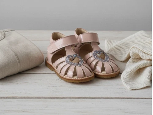 Angulus sandal rosa med glitterhjerte og velcro