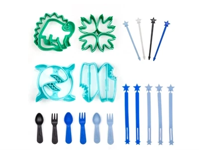 Lunch Punch bento sæt i blå og grøn med dino- og hajtema