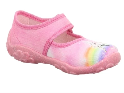 Superfit BONNY hjemmesko rosa tekstil med enhjørning og regnbue skrå forfra