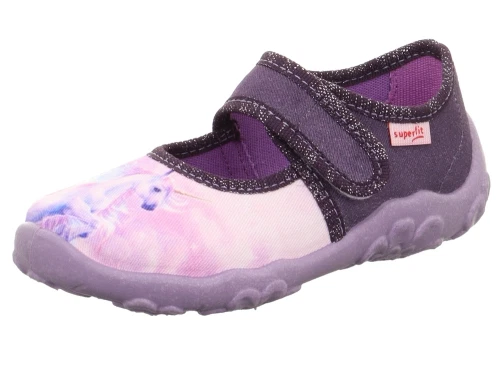 Superfit BONNY hjemmesko lilla tekstil med enhjørningemotiv skrå forfra