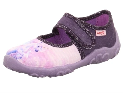 Superfit BONNY hjemmesko lilla tekstil med enhjørningemotiv skrå forfra
