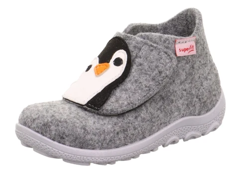Superfit HAPPY OCTI hjemmesko grå uldfilt med pingvinmotiv skrå forfra