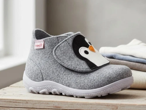 Superfit Happy hjemmesko i grå uldfilt med pingvinmotiv