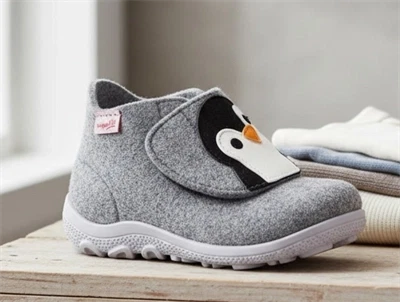 Superfit Happy hjemmesko i grå uldfilt med pingvinmotiv