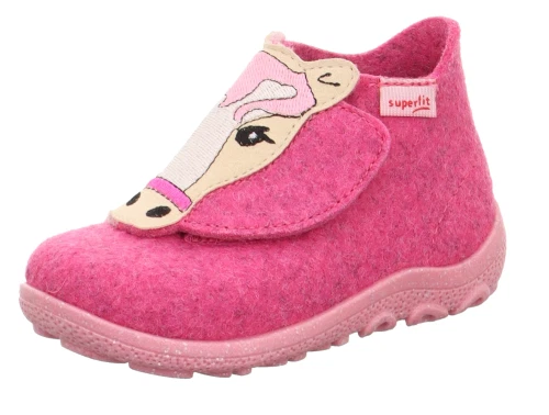 Superfit HAPPY OCTI hjemmesko rosa uldfilt med hestemotiv skrå forfra