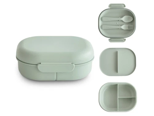 Mushie madkasse i farven sage med lukket låg og åben