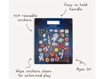 Mushie space klistermærkesæt med info om funktioner