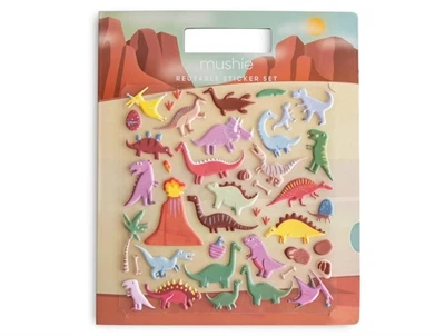 Indhold med dinosaurklistermærker fra Mushie dinosaursæt