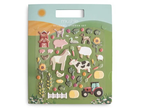 Indhold med dyr og figurer fra Mushie klistermærkesæt farm