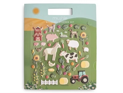 Indhold med dyr og figurer fra Mushie klistermærkesæt farm