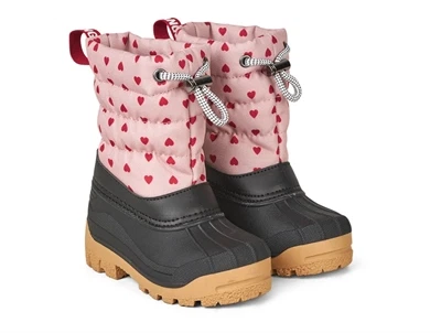 Angulus snestøvle rosa med røde hjerter og med uldfoer