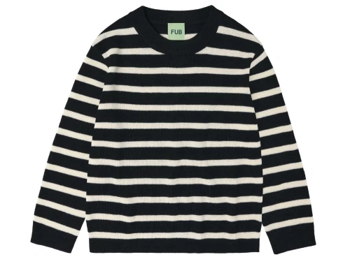 Langærmet tee i dark navy og ecru striber fra FUB i merinould