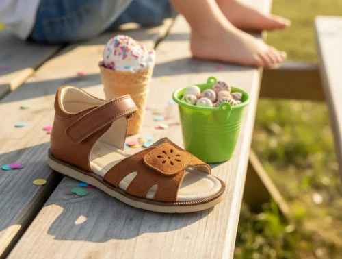 Pom Pom sandal camel med velcro