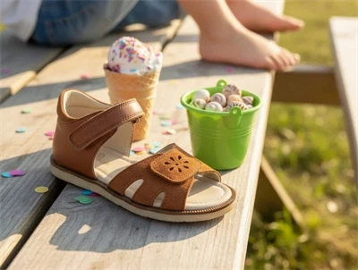 Pom Pom sandal camel med velcro