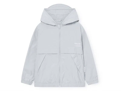 Mini A Ture Asla UV overgangsjakke pearl blue med hætte forfra