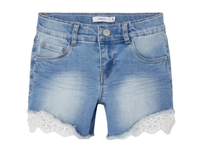 Name It shorts blå denim med blondekant foran