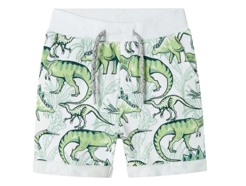name it knee trousers i hvid med grønt dinosaurprint, set forfra