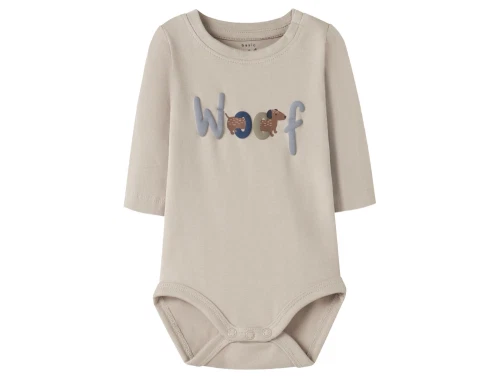 name it baby body i beige island fossil med hundeprint