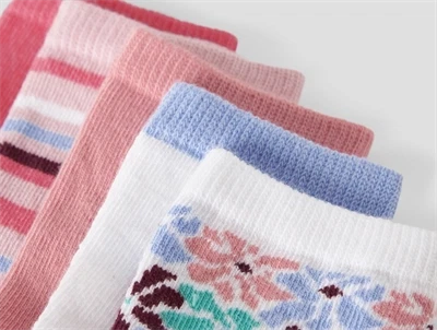 Detalje af farverige Name It strømper i 5-pak med blomster og striber