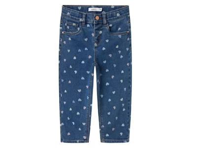 Name It jeans i blå denim med hjerteprint og justerbar talje