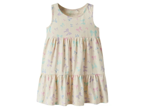 ærmeløs kjole fra Name It i buttercream med sløjfeprint