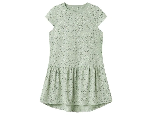 name it kjole i grøn med blomsterprint og korte ærmer, set forfra