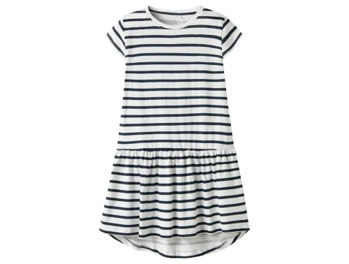 name it kjole i hvid med navy striber og rund hals, set forfra