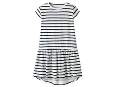 name it kjole i hvid med navy striber og rund hals, set forfra