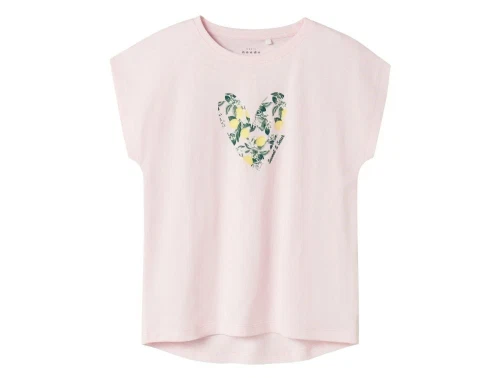 name it t-shirt i lyserød med citronprint foran, set forfra