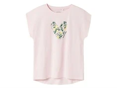 name it t-shirt i lyserød med citronprint foran, set forfra