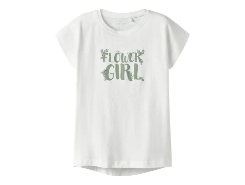 name it t-shirt i hvid med grøn blomstertekst, set forfra