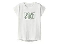 name it t-shirt i hvid med grøn blomstertekst, set forfra