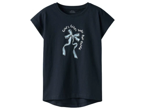 name it t-shirt i mørkeblå med sløjfetryk, set forfra