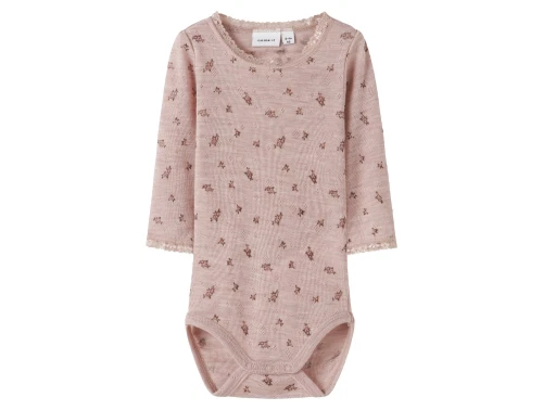 Name It uld body i shadow gray med små blomster og blondekant