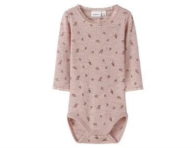 Name It uld body i shadow gray med små blomster og blondekant