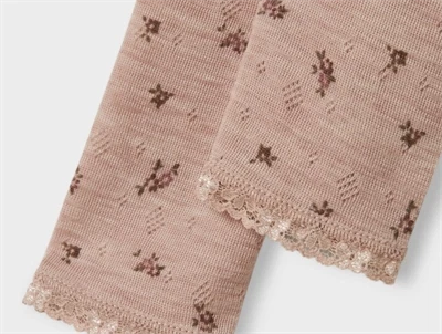 Name It leggings i shadow gray merinould med blomsterprint og hulmønster detalje