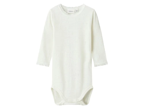 Name It uld body i snow white merinould med hulmønster og blondekant