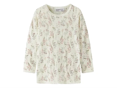 Name It råhvid bluse i merinould til børn med blomster