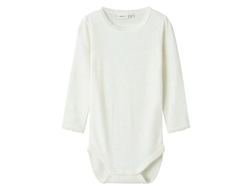 Name It uld body i snow white merinould med hulmønster og blondekant