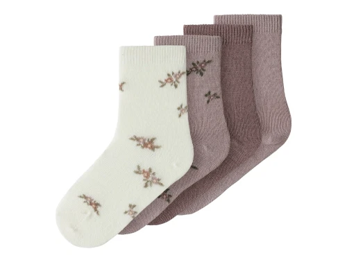 Name It sokker 4-pak i støvet rosa og shadow gray med blomsterprint i merinould mix