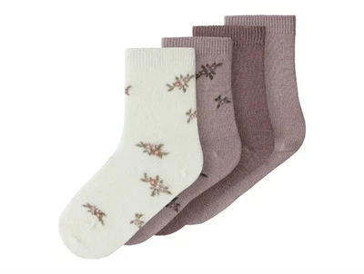Name It sokker 4-pak i støvet rosa og shadow gray med blomsterprint i merinould mix