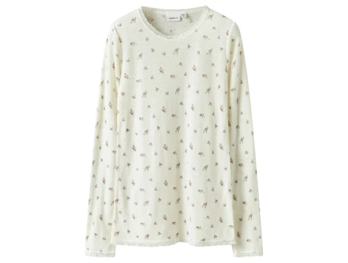 Name It merinould bluse råhvid med blondekant og blomsterprint forside