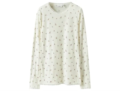 Name It merinould bluse råhvid med blondekant og blomsterprint forside