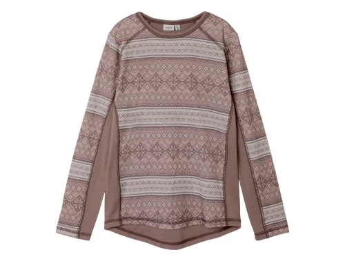 Name It blouse støvet violet i merinould med snow pattern set forfra