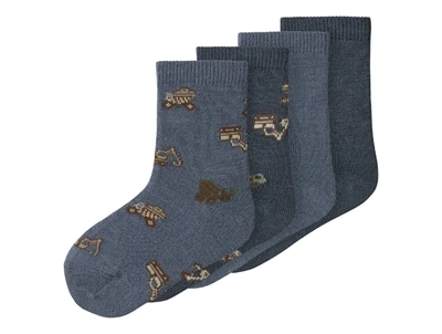 Name It sokker 4-pak i blågrå nuance med biler i merinould mix