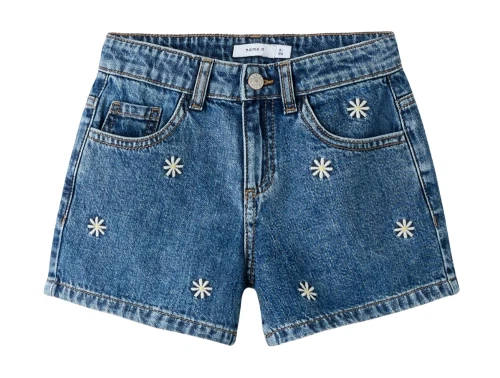 Name It shorts blå denim med blomsterbroderi foran