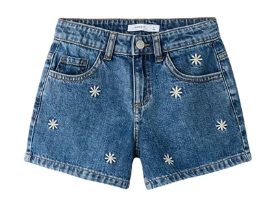 Name It shorts blå denim med blomsterbroderi foran