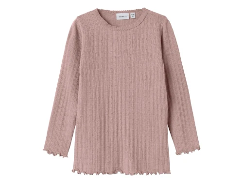 Name It rib top i antler støvet violet nuance i merinould og silke med hulmønster set forfra
