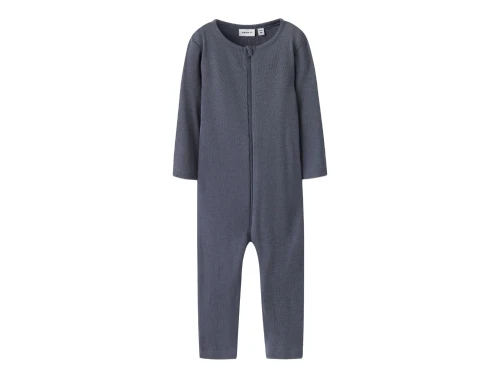 Name It heldragt natdragt i folkstone gray blågrå nuance i merinould og silke med lynlås set forfra